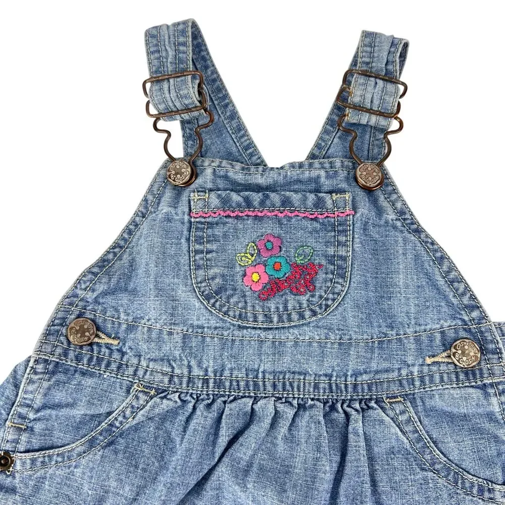 Vintage Oshkosh B'gosh Girls 12 Months Overall Embroidered Floral Denim Dress